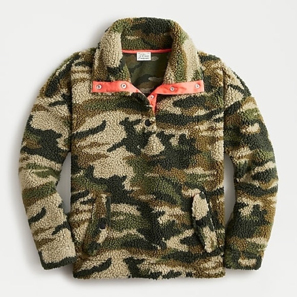 J. Crew Snap Collar Camo Sherpa Pullover Sz Small - Picture 2 of 8
